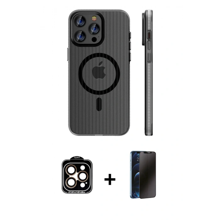 MARSİLYAN™- iPhone 15 Pro Max Kılıf Pusula Minimal Koleksiyonu - Siyah 3D Antistatik Hayalet Cam Ekran Koruyucu + PVD Metal Kamera Lens - TU