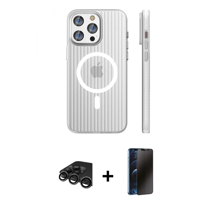 MARSİLYAN™- iPhone 15 Pro Max Kılıf Pusula Minimal Koleksiyonu - Siyah 3D Antistatik Hayalet Cam Ekran Koruyucu + Raze Metal Kamera Lens - TMGI