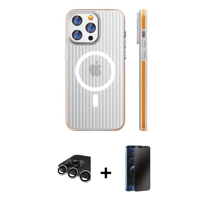 MARSİLYAN™- iPhone 15 Pro Max Kılıf Pusula Minimal Koleksiyonu - Siyah 3D Antistatik Hayalet Cam Ekran Koruyucu + Raze Metal Kamera Lens - GS
