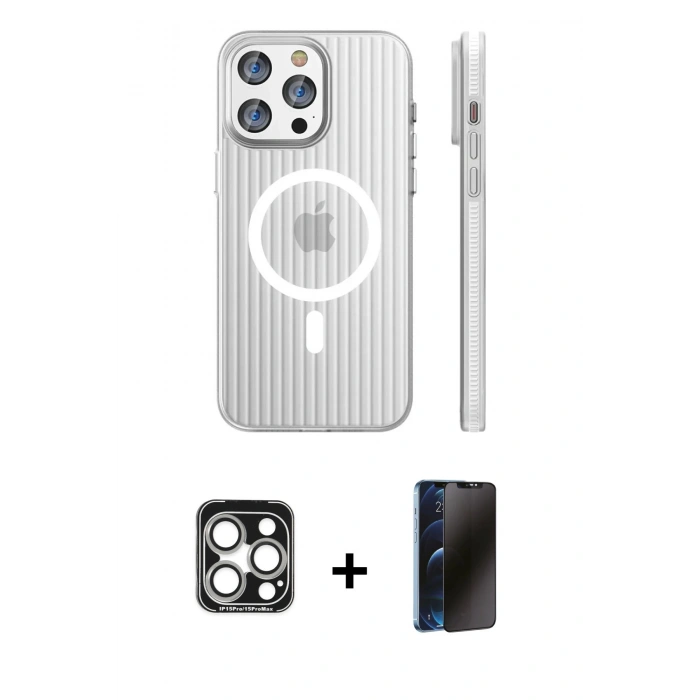 MARSİLYAN™- iPhone 15 Pro Max Kılıf Pusula Minimal Koleksiyonu - Siyah 3D Antistatik Hayalet Cam Ekran Koruyucu + PVD Metal Kamera Lens - GS