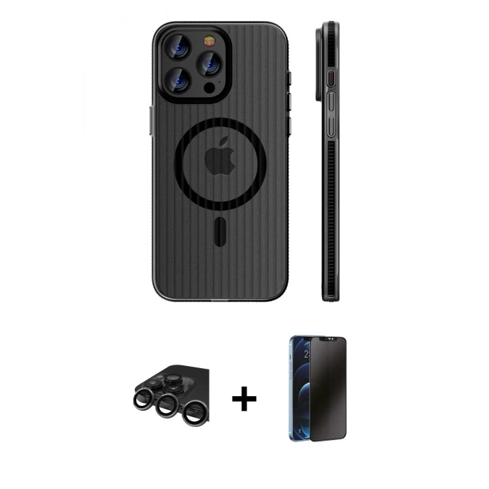 MARSİLYAN™- iPhone 15 Pro Max Kılıf Pusula Minimal Koleksiyonu - Siyah 3D Antistatik Hayalet Cam Ekran Koruyucu + Raze Metal Kamera Lens - TMGI