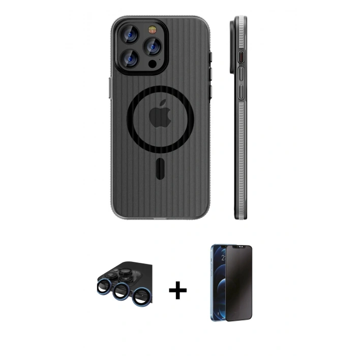MARSİLYAN™- iPhone 15 Pro Max Kılıf Pusula Minimal Koleksiyonu - Siyah 3D Antistatik Hayalet Cam Ekran Koruyucu + Raze Metal Kamera Lens - LT