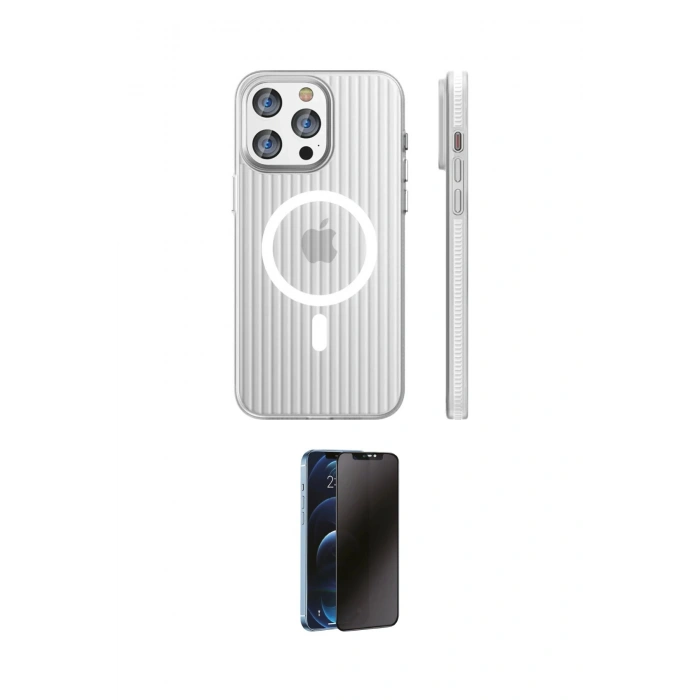 MARSİLYAN™- iPhone 15 Pro Max Kılıf Pusula Minimal Koleksiyonu - Siyah 3D Antistatik Hayalet Cam Ekran Koruyucu
