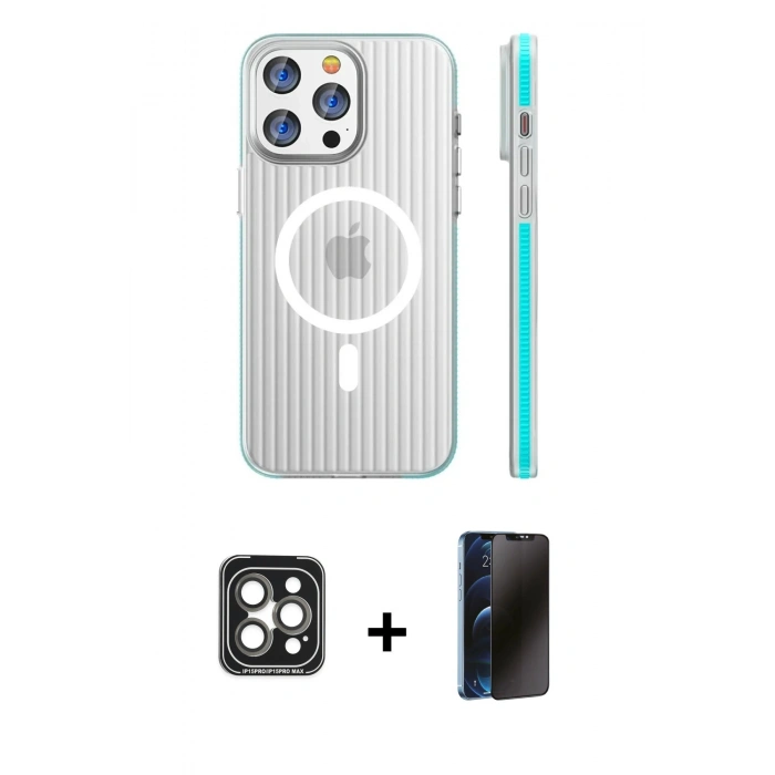 MARSİLYAN™- iPhone 15 Pro Max Kılıf Pusula Minimal Koleksiyonu - Siyah 3D Antistatik Hayalet Cam Ekran Koruyucu + PVD Metal Kamera Lens - GI