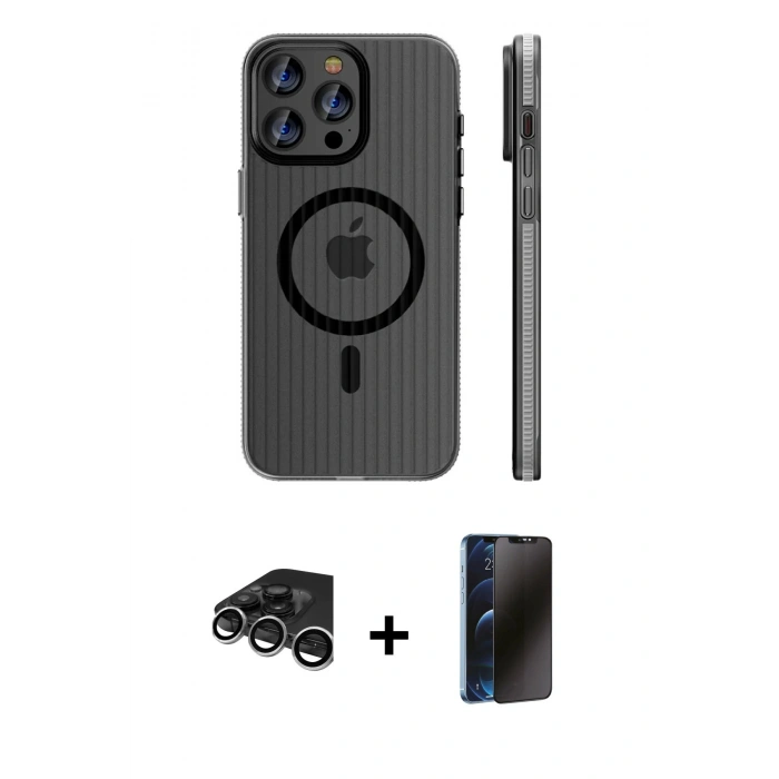 MARSİLYAN™- iPhone 15 Pro Max Kılıf Pusula Minimal Koleksiyonu - Siyah 3D Antistatik Hayalet Cam Ekran Koruyucu + Raze Metal Kamera Lens - GS