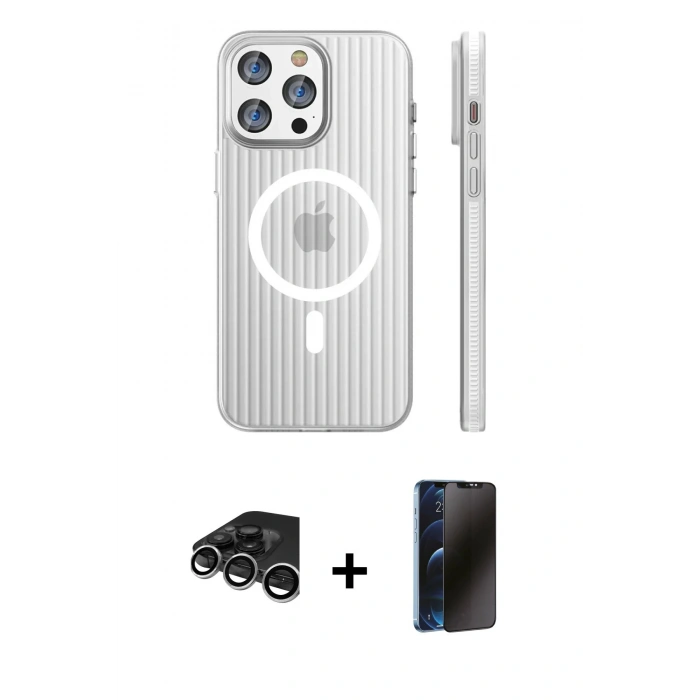 MARSİLYAN™- iPhone 15 Pro Max Kılıf Pusula Minimal Koleksiyonu - Siyah 3D Antistatik Hayalet Cam Ekran Koruyucu + Raze Metal Kamera Lens - GS