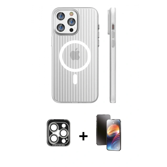 MARSİLYAN™- iPhone 15 Pro Max Kılıf Pusula Minimal Koleksiyonu - Siyah 3D Antistatik Mat Seramik Nano Ekran Koruyucu + PVD Metal Kamera Lens - GS