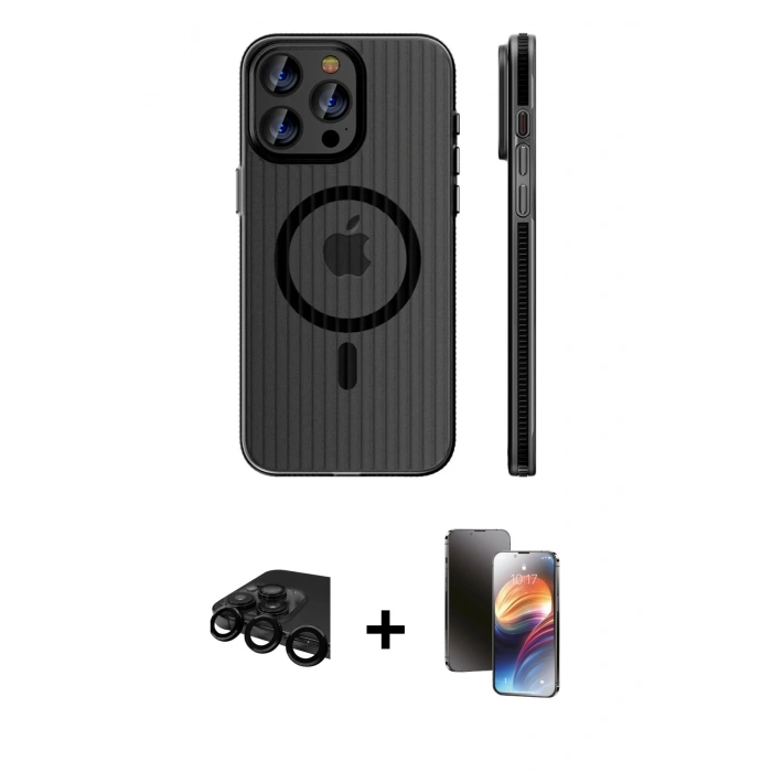 MARSİLYAN™- iPhone 15 Pro Max Kılıf Pusula Minimal Koleksiyonu - Siyah 3D Antistatik Mat Seramik Nano Ekran Koruyucu + Raze Metal Kamera Lens - SH