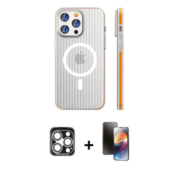 MARSİLYAN™- iPhone 15 Pro Max Kılıf Pusula Minimal Koleksiyonu - Siyah 3D Antistatik Mat Seramik Nano Ekran Koruyucu + PVD Metal Kamera Lens - GS