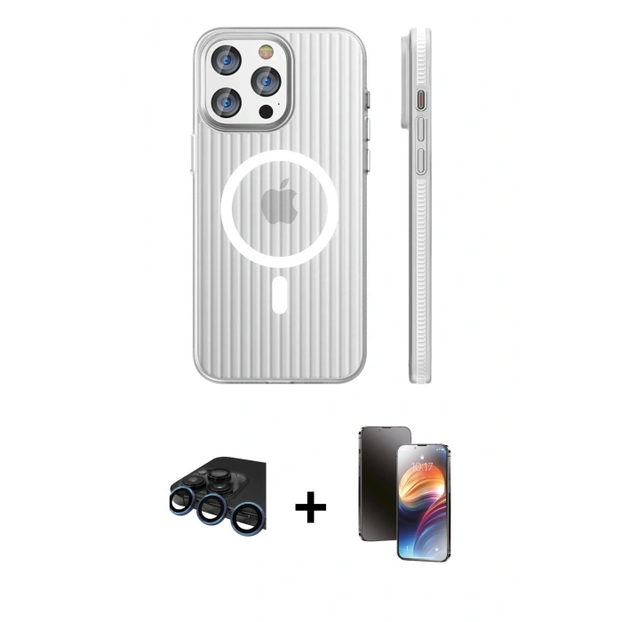 MARSİLYAN™- iPhone 15 Pro Max Kılıf Pusula Minimal Koleksiyonu - Siyah 3D Antistatik Mat Seramik Nano Ekran Koruyucu + Raze Metal Kamera Lens - LT