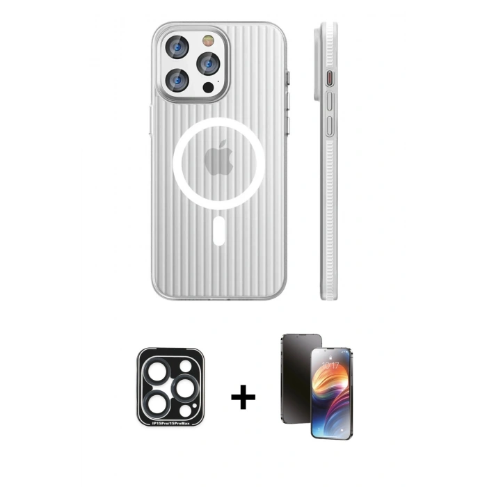 MARSİLYAN™- iPhone 15 Pro Max Kılıf Pusula Minimal Koleksiyonu - Siyah 3D Antistatik Mat Seramik Nano Ekran Koruyucu + PVD Metal Kamera Lens - LT