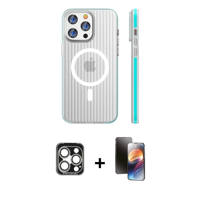MARSİLYAN™- iPhone 15 Pro Max Kılıf Pusula Minimal Koleksiyonu - Siyah 3D Antistatik Mat Seramik Nano Ekran Koruyucu + PVD Metal Kamera Lens - GS