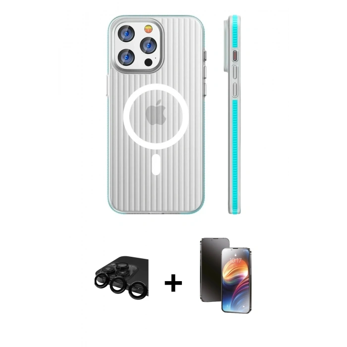 MARSİLYAN™- iPhone 15 Pro Max Kılıf Pusula Minimal Koleksiyonu - Siyah 3D Antistatik Mat Seramik Nano Ekran Koruyucu + Raze Metal Kamera Lens - SH