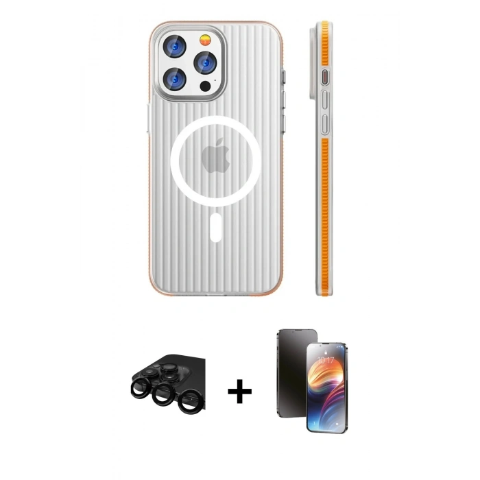 MARSİLYAN™- iPhone 15 Pro Max Kılıf Pusula Minimal Koleksiyonu - Siyah 3D Antistatik Mat Seramik Nano Ekran Koruyucu + Raze Metal Kamera Lens - SH