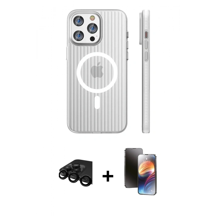 MARSİLYAN™- iPhone 15 Pro Max Kılıf Pusula Minimal Koleksiyonu - Siyah 3D Antistatik Mat Seramik Nano Ekran Koruyucu + Raze Metal Kamera Lens - SH