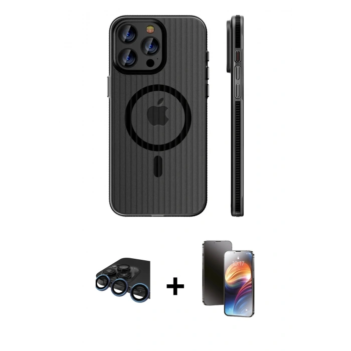 MARSİLYAN™- iPhone 15 Pro Max Kılıf Pusula Minimal Koleksiyonu - Siyah 3D Antistatik Mat Seramik Nano Ekran Koruyucu + Raze Metal Kamera Lens - LT