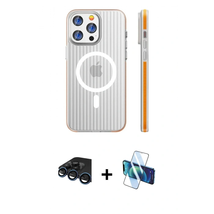 MARSİLYAN™- iPhone 15 Pro Max Kılıf Pusula Minimal Koleksiyonu - Siyah 3D Antistatik Seramik Nano Ekran Koruyucu + Raze Metal Kamera Lens - LT