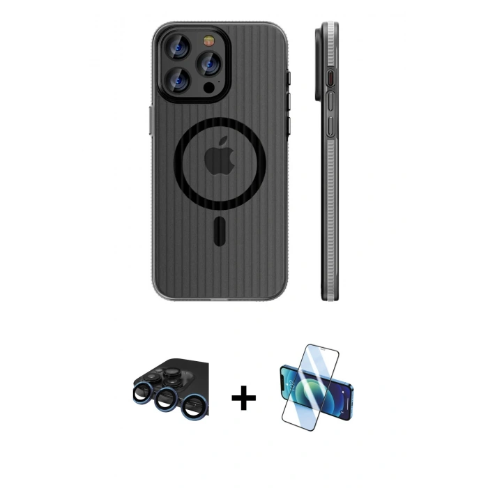 MARSİLYAN™- iPhone 15 Pro Max Kılıf Pusula Minimal Koleksiyonu - Siyah 3D Antistatik Seramik Nano Ekran Koruyucu + Raze Metal Kamera Lens - LT