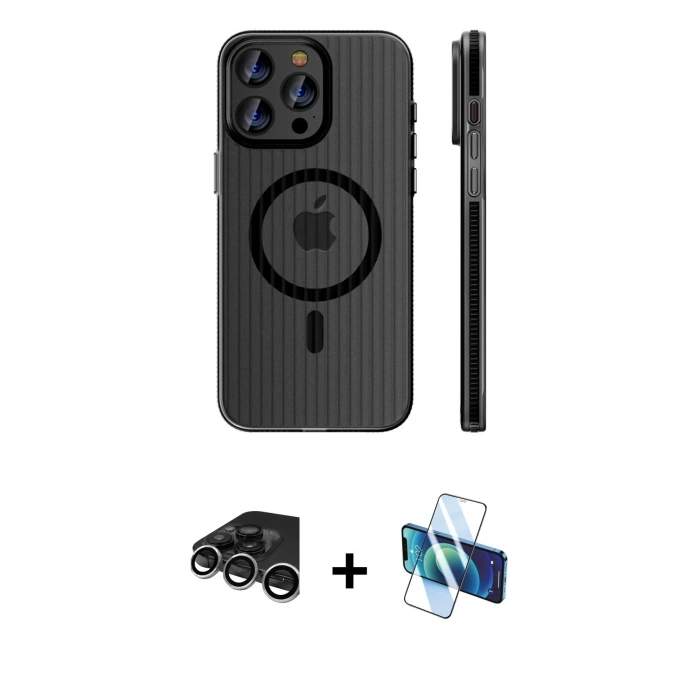 MARSİLYAN™- iPhone 15 Pro Max Kılıf Pusula Minimal Koleksiyonu - Siyah 3D Antistatik Seramik Nano Ekran Koruyucu + Raze Metal Kamera Lens - GS