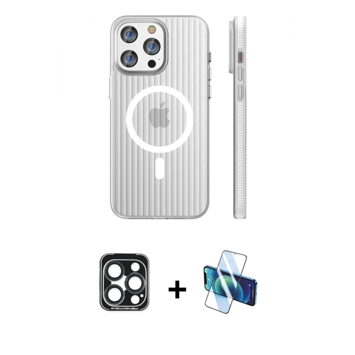 MARSİLYAN™- iPhone 15 Pro Max Kılıf Pusula Minimal Koleksiyonu - Siyah 3D Antistatik Seramik Nano Ekran Koruyucu + PVD Metal Kamera Lens - LT