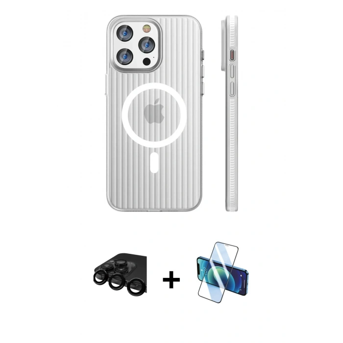MARSİLYAN™- iPhone 15 Pro Max Kılıf Pusula Minimal Koleksiyonu - Siyah 3D Antistatik Seramik Nano Ekran Koruyucu + Raze Metal Kamera Lens - SH