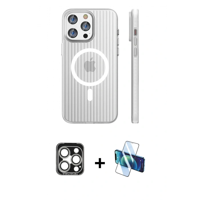MARSİLYAN™- iPhone 15 Pro Max Kılıf Pusula Minimal Koleksiyonu - Siyah 3D Antistatik Seramik Nano Ekran Koruyucu + PVD Metal Kamera Lens - GS