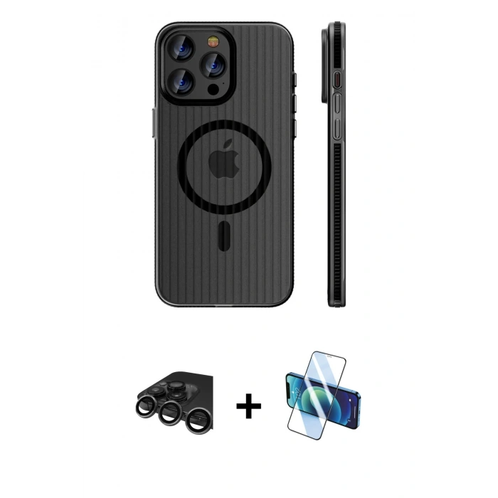 MARSİLYAN™- iPhone 15 Pro Max Kılıf Pusula Minimal Koleksiyonu - Siyah 3D Antistatik Seramik Nano Ekran Koruyucu + Raze Metal Kamera Lens - TMGI