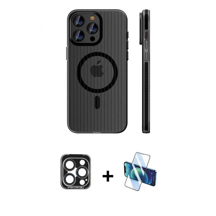 MARSİLYAN™- iPhone 15 Pro Max Kılıf Pusula Minimal Koleksiyonu - Siyah 3D Antistatik Seramik Nano Ekran Koruyucu + PVD Metal Kamera Lens - LT