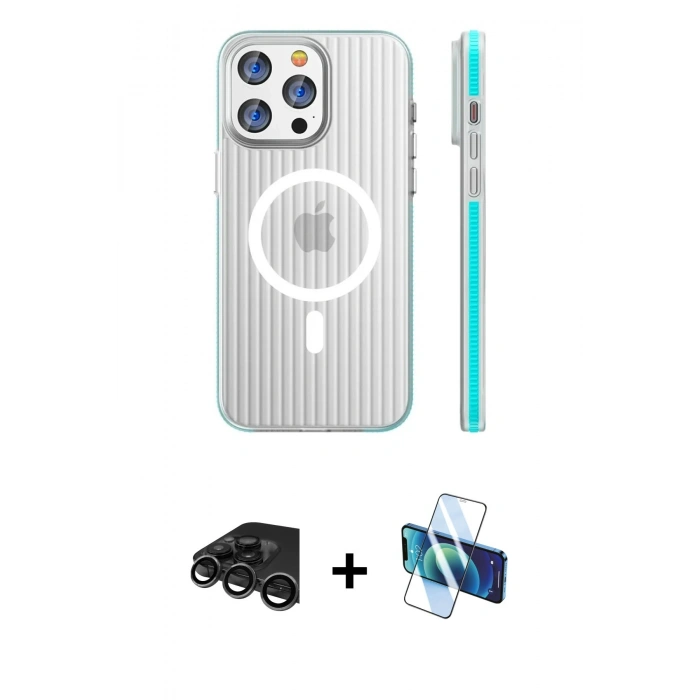 MARSİLYAN™- iPhone 15 Pro Max Kılıf Pusula Minimal Koleksiyonu - Siyah 3D Antistatik Seramik Nano Ekran Koruyucu + Raze Metal Kamera Lens - TMGI