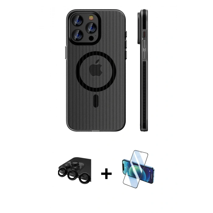 MARSİLYAN™- iPhone 15 Pro Max Kılıf Pusula Minimal Koleksiyonu - Siyah 3D Antistatik Seramik Nano Ekran Koruyucu + Raze Metal Kamera Lens - SH