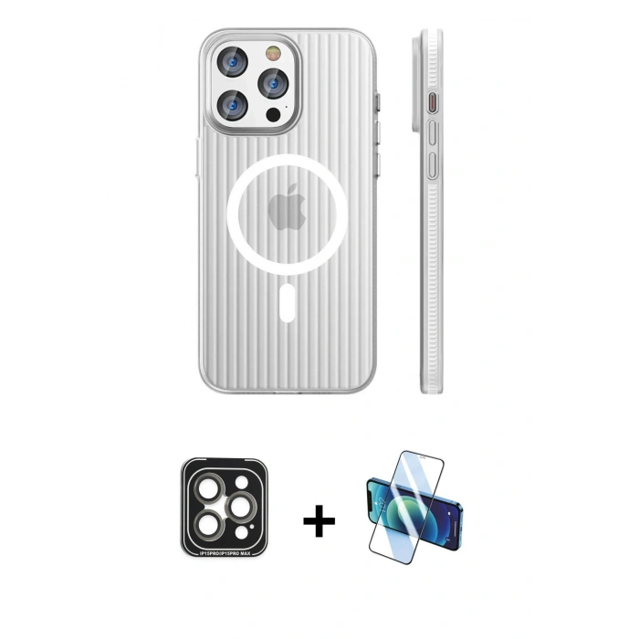 MARSİLYAN™- iPhone 15 Pro Max Kılıf Pusula Minimal Koleksiyonu - Siyah 3D Antistatik Seramik Nano Ekran Koruyucu + PVD Metal Kamera Lens - GI