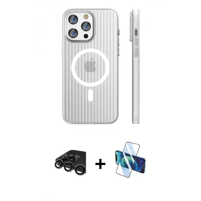MARSİLYAN™- iPhone 15 Pro Max Kılıf Pusula Minimal Koleksiyonu - Siyah 3D Antistatik Seramik Nano Ekran Koruyucu + Raze Metal Kamera Lens - TMGI