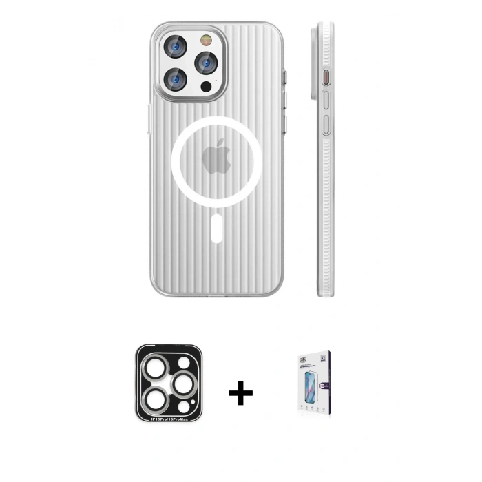 MARSİLYAN™- iPhone 15 Pro Max Kılıf Pusula Minimal Koleksiyonu - Siyah Bilvis 0.18mm Plus Cam Ekran Koruyucu + PVD Metal Kamera Lens - GS