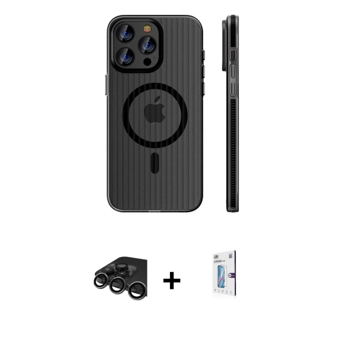 MARSİLYAN™- iPhone 15 Pro Max Kılıf Pusula Minimal Koleksiyonu - Siyah Bilvis 0.18mm Plus Cam Ekran Koruyucu + Raze Metal Kamera Lens - TMGI