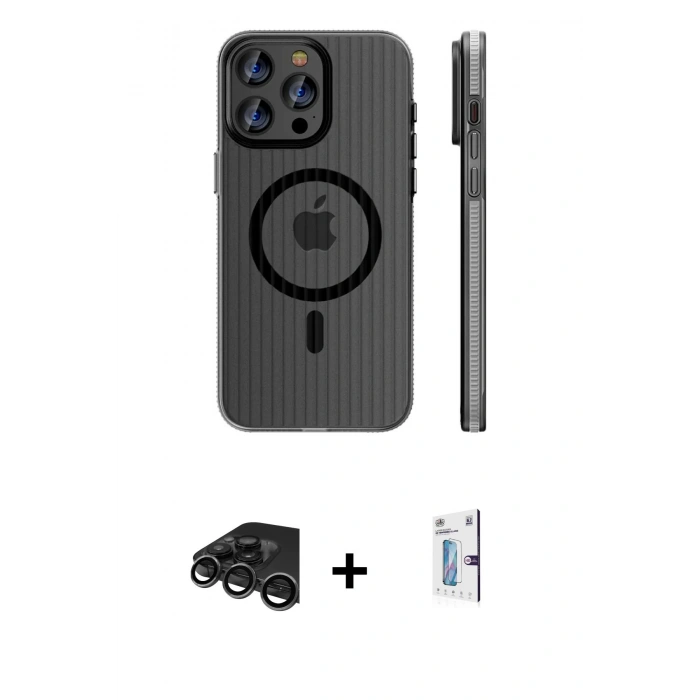 MARSİLYAN™- iPhone 15 Pro Max Kılıf Pusula Minimal Koleksiyonu - Siyah Bilvis 0.18mm Plus Cam Ekran Koruyucu + Raze Metal Kamera Lens - TMGI