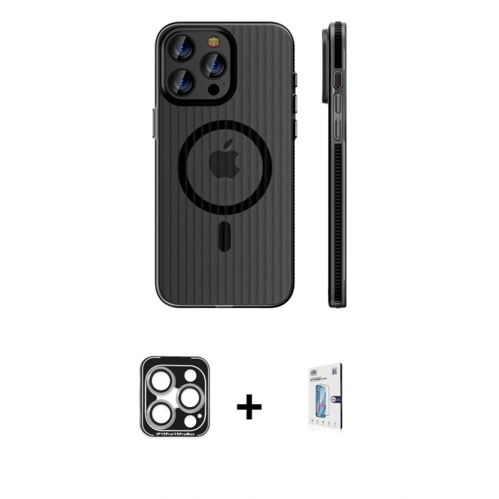 MARSİLYAN™- iPhone 15 Pro Max Kılıf Pusula Minimal Koleksiyonu - Siyah Bilvis 0.18mm Plus Cam Ekran Koruyucu + PVD Metal Kamera Lens - GS