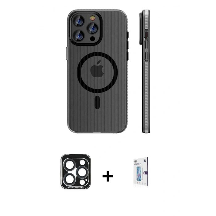 MARSİLYAN™- iPhone 15 Pro Max Kılıf Pusula Minimal Koleksiyonu - Siyah Bilvis 0.18mm Plus Cam Ekran Koruyucu + PVD Metal Kamera Lens - LT