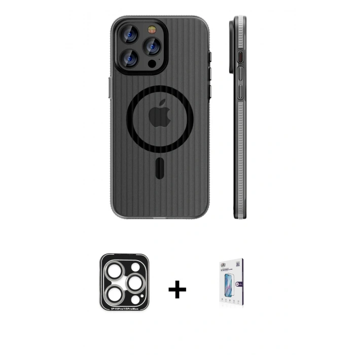 MARSİLYAN™- iPhone 15 Pro Max Kılıf Pusula Minimal Koleksiyonu - Siyah Bilvis 0.18mm Plus Cam Ekran Koruyucu + PVD Metal Kamera Lens - GS