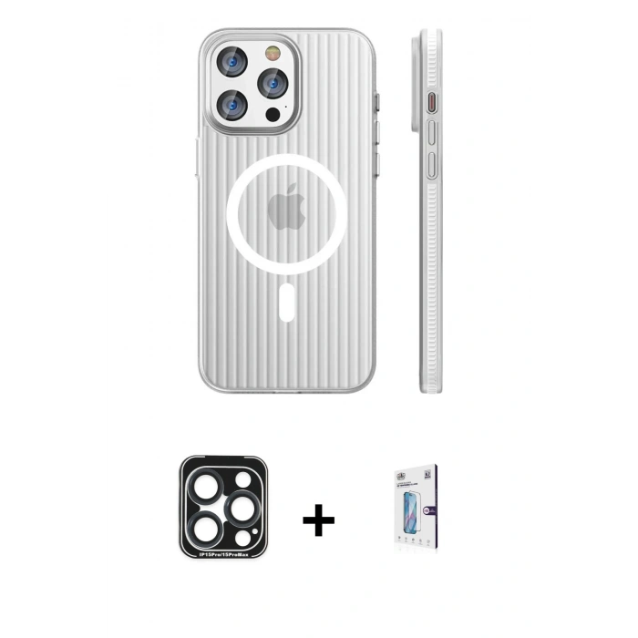 MARSİLYAN™- iPhone 15 Pro Max Kılıf Pusula Minimal Koleksiyonu - Siyah Bilvis 0.18mm Plus Cam Ekran Koruyucu + PVD Metal Kamera Lens - LT