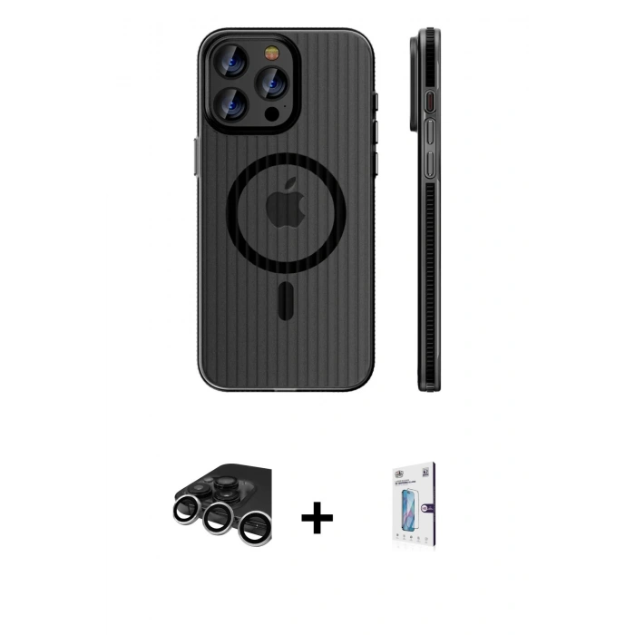MARSİLYAN™- iPhone 15 Pro Max Kılıf Pusula Minimal Koleksiyonu - Siyah Bilvis 0.18mm Plus Cam Ekran Koruyucu + Raze Metal Kamera Lens - GS