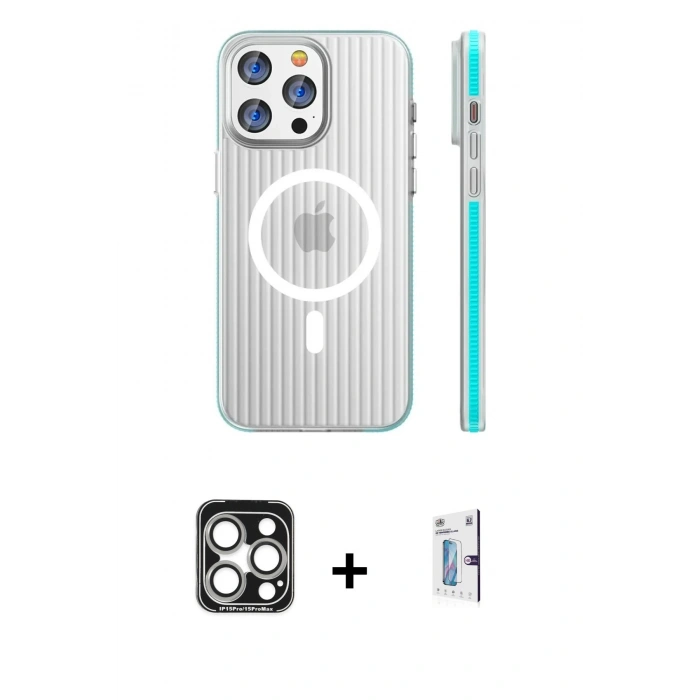 MARSİLYAN™- iPhone 15 Pro Max Kılıf Pusula Minimal Koleksiyonu - Siyah Bilvis 0.18mm Plus Cam Ekran Koruyucu + PVD Metal Kamera Lens - GS