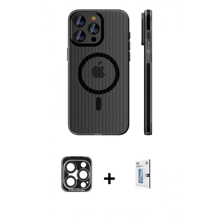 MARSİLYAN™- iPhone 15 Pro Max Kılıf Pusula Minimal Koleksiyonu - Siyah Bilvis 0.18mm Plus Cam Ekran Koruyucu + PVD Metal Kamera Lens - LT