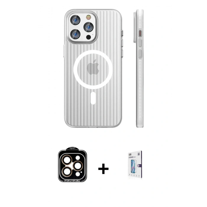MARSİLYAN™- iPhone 15 Pro Max Kılıf Pusula Minimal Koleksiyonu - Siyah Bilvis 0.18mm Plus Cam Ekran Koruyucu + PVD Metal Kamera Lens - TU