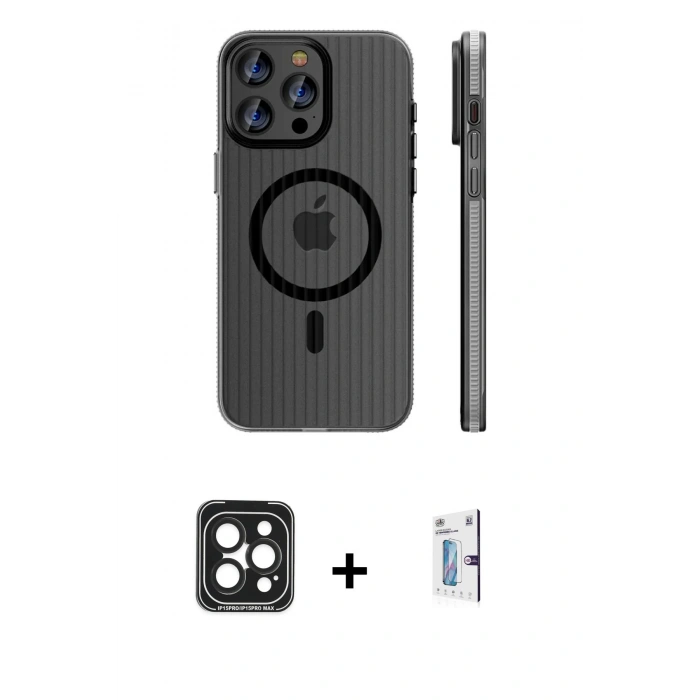 MARSİLYAN™- iPhone 15 Pro Max Kılıf Pusula Minimal Koleksiyonu - Siyah Bilvis 0.18mm Plus Cam Ekran Koruyucu + Siyah PVD Metal Kamera Lens
