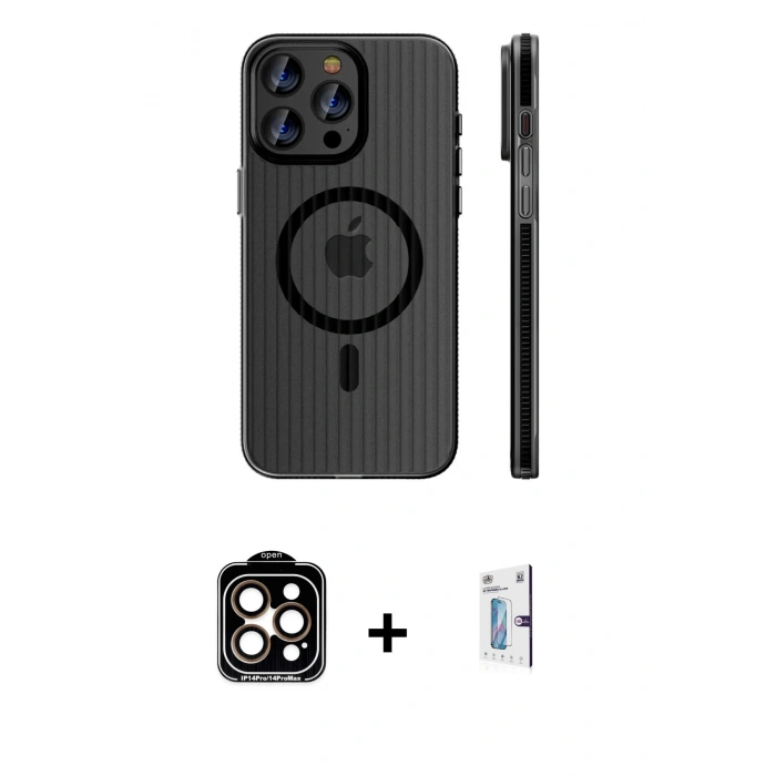 MARSİLYAN™- iPhone 15 Pro Max Kılıf Pusula Minimal Koleksiyonu - Siyah Bilvis 0.18mm Plus Cam Ekran Koruyucu + PVD Metal Kamera Lens - TU