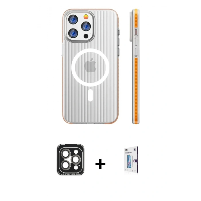 MARSİLYAN™- iPhone 15 Pro Max Kılıf Pusula Minimal Koleksiyonu - Siyah Bilvis 0.18mm Plus Cam Ekran Koruyucu + PVD Metal Kamera Lens - GI
