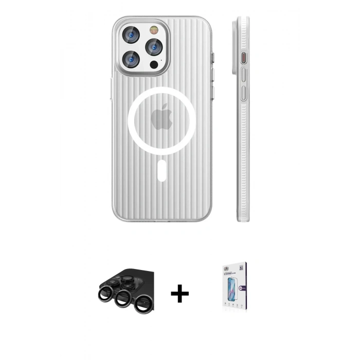 MARSİLYAN™- iPhone 15 Pro Max Kılıf Pusula Minimal Koleksiyonu - Siyah Bilvis 0.18mm Plus Cam Ekran Koruyucu + Raze Metal Kamera Lens - TMGI