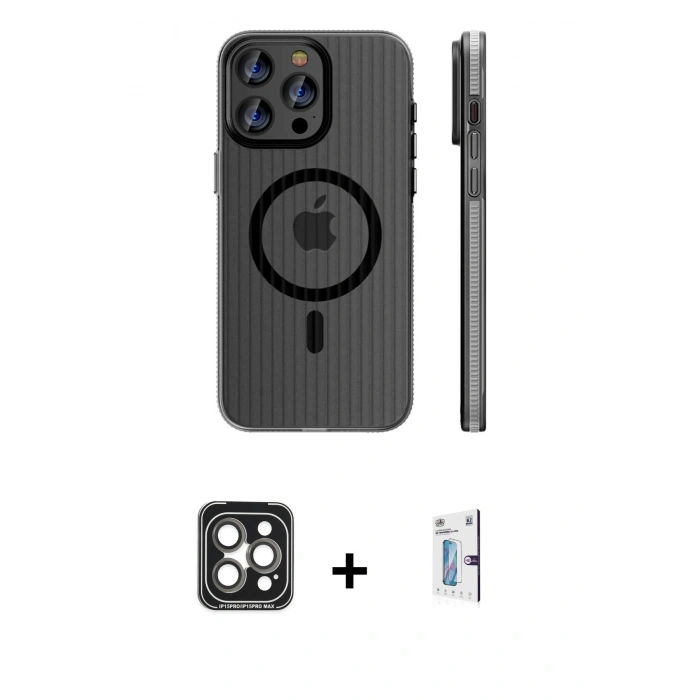 MARSİLYAN™- iPhone 15 Pro Max Kılıf Pusula Minimal Koleksiyonu - Siyah Bilvis 0.18mm Plus Cam Ekran Koruyucu + PVD Metal Kamera Lens - GI