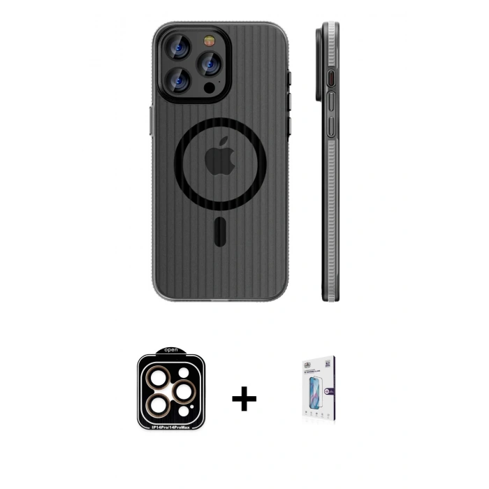 MARSİLYAN™- iPhone 15 Pro Max Kılıf Pusula Minimal Koleksiyonu - Siyah Bilvis 0.18mm Plus Cam Ekran Koruyucu + PVD Metal Kamera Lens - TU