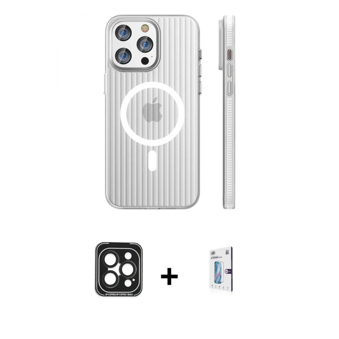 MARSİLYAN™- iPhone 15 Pro Max Kılıf Pusula Minimal Koleksiyonu - Siyah Bilvis 0.18mm Plus Cam Ekran Koruyucu + Siyah PVD Metal Kamera Lens